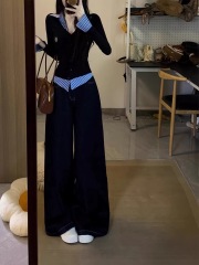 Pure Korean plaid fake two-piece polo collar straight shoulder long sleeves women's spring slim design top jeans suit