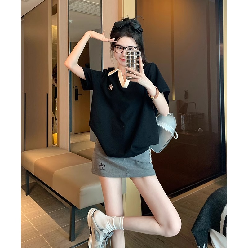 Official photo 6535 cotton bead floor embroidered polo collar short-sleeved T-shirt for women loose