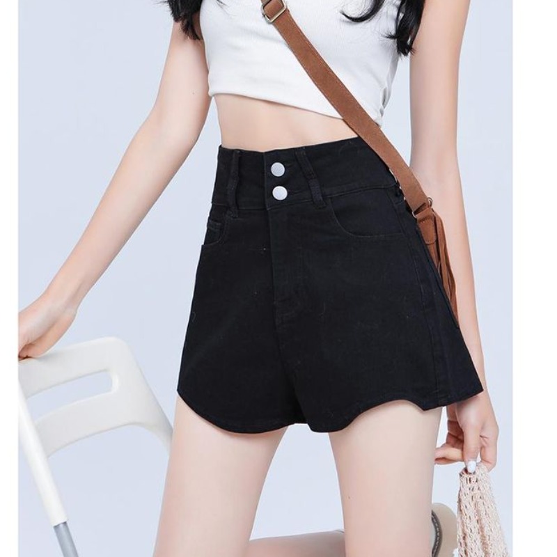 Casual and versatile high-waist double-button straight-leg jeans in spring and summer new irregular design jeans hot pants shorts