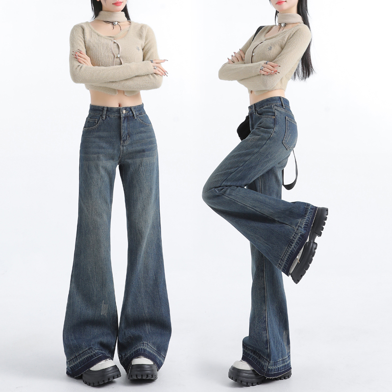 Exquisite burr craftsmanship ~ unique style!  Flared jeans women's horseshoe pants high waist loose and thin