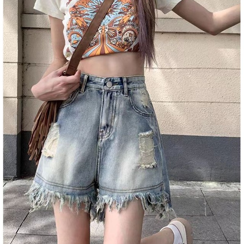Niche ripped A-line denim shorts for women in spring and summer new tassel loose and slim high waist wide-leg jeans