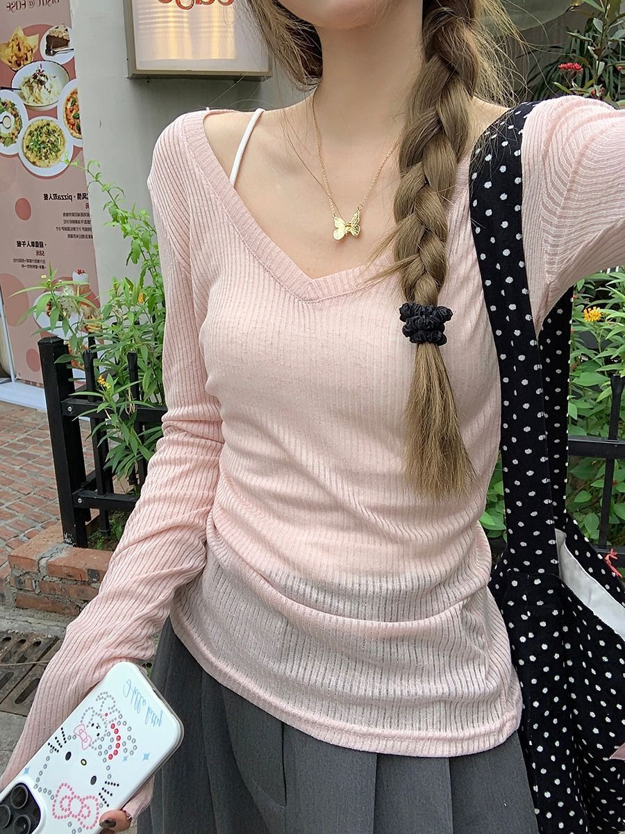 Pink V-neck, thin, sunscreen T-shirt for women in 2025 summer hot girl slim fit slim shirt tulle long sleeves