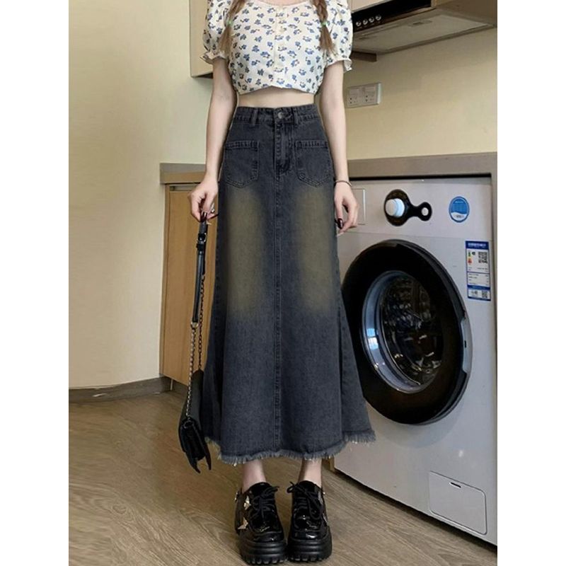 Korean version of casual cross-covering and slim hip fish tail skirt mid-length skirt for women spring and autumn new high-waisted fur-edged denim skirt