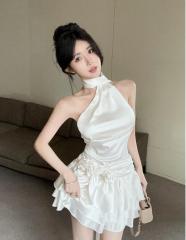 Actual shoot 3D flower V-neck backless dress