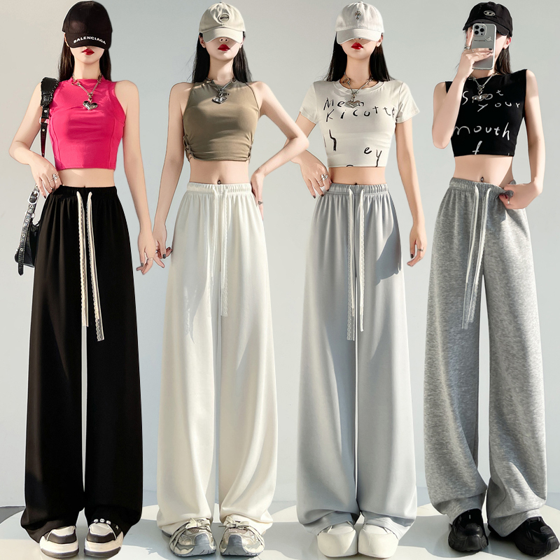 Real shot of air layer wide-leg pants for women in spring and summer 2025 high waist slim lace drawstring straight sports mopping pants