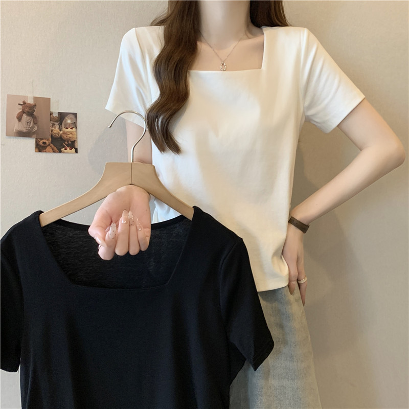 Real-life spring new small short square collar collarbone white pleated short sleeve T-shirt top for women