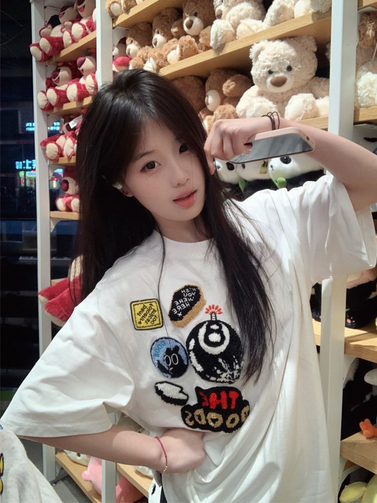 Original towel embroidery + pure cotton 210g heavy industry badge embroidery pure cotton T-shirt women's loose couple top