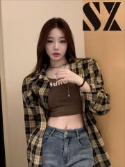 Retro plaid sunscreen shirt Polo collar button jacket for women's design niche loose long-sleeved shirt