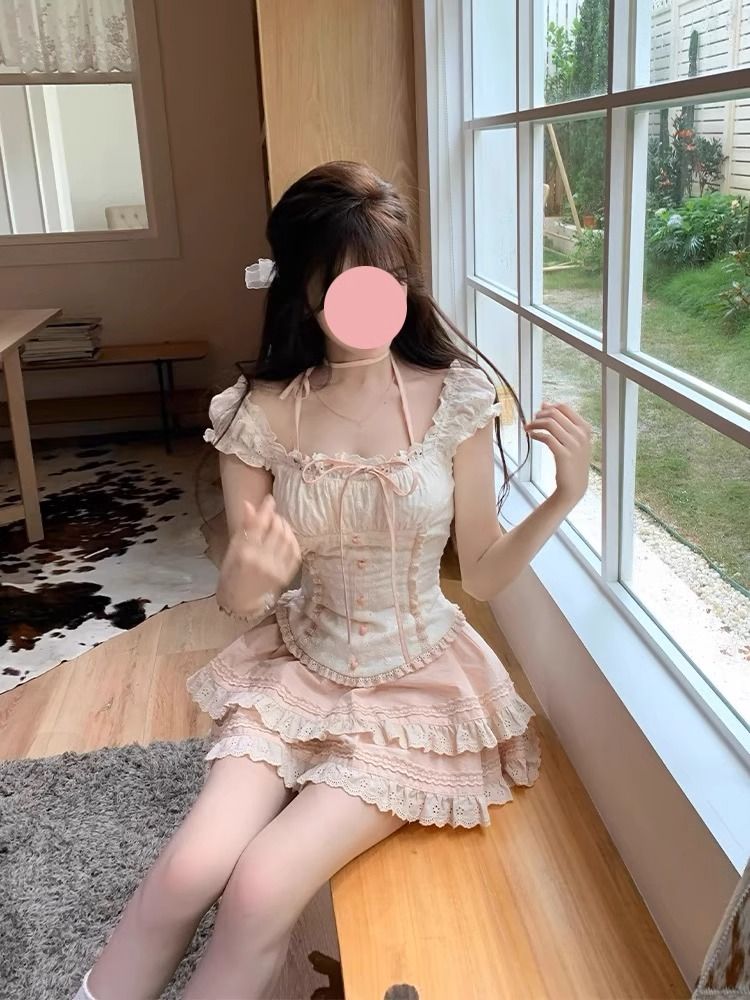法式甜美花邊修身上衣女夏溫柔純欲風套裝裙蓬蓬半身短裙兩件套裝