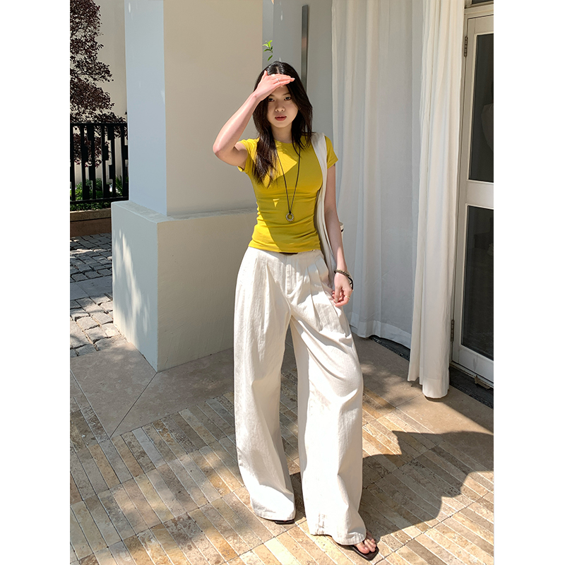 Real shot of white wide-leg trousers for women lazy style high waist folds loose slim casual straight-leg draped floor pants