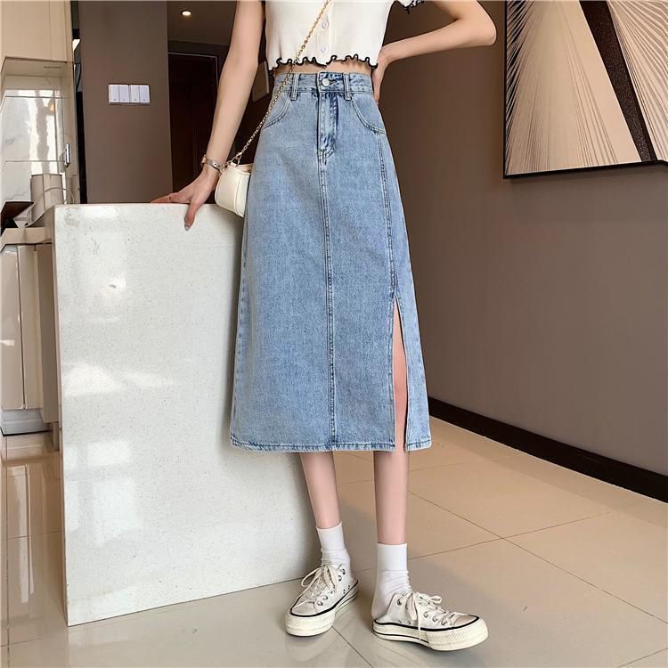 Versatile denim skirt high waist women's new summer loose A-line midi skirt versatile slit denim skirt
