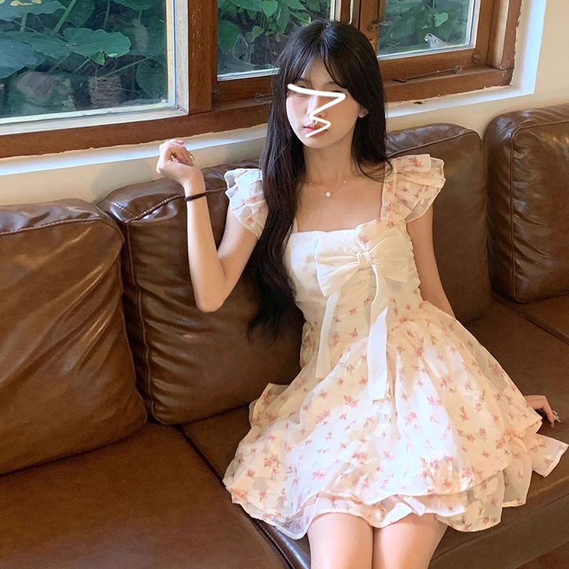 French bow floral suspender dress for women in summer 2025 new high-end exquisite suspender princess skirt