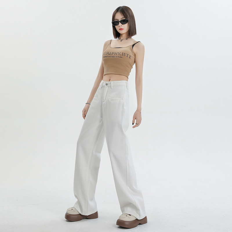 Simple and not simple ~White wide-leg high-waisted jeans for women with high street slim hot girls mopping the floor loose straight pants