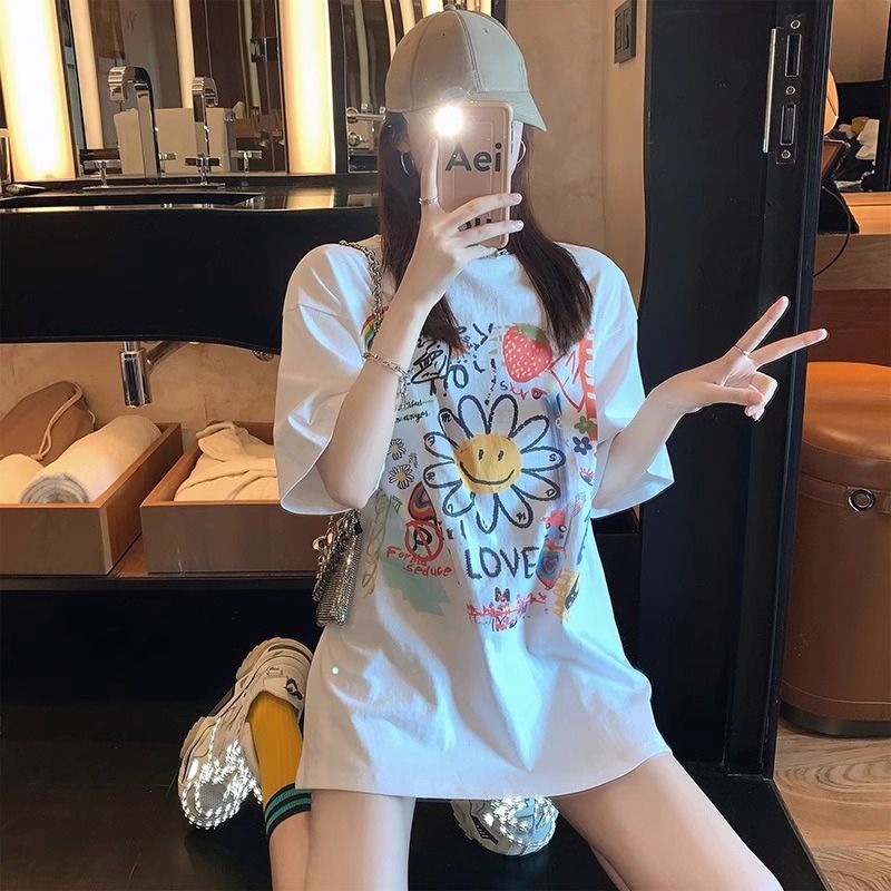 200g pure cotton 2025 new summer large size loose mid-length dress fat mm short-sleeved T-shirt skirt for women