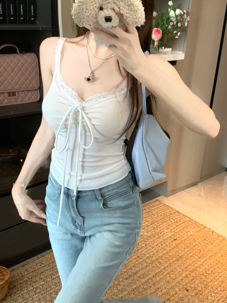 實拍 純欲綁帶蕾絲拼接吊帶辣妹設計感上衣