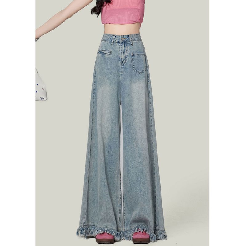 Harajuku style versatile breasted high waist wide-leg jeans for women in spring and autumn new loose slim floor jeans trendy