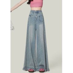 Harajuku style versatile breasted high waist wide-leg jeans for women in spring and autumn new loose slim floor jeans trendy