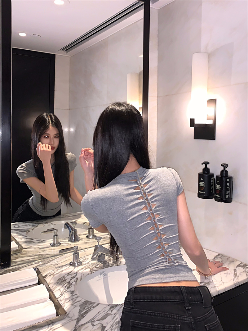 實拍收腰顯瘦設正肩短袖T恤女設計感純欲內搭修身上衣
