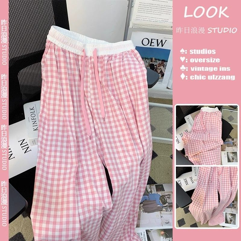 Pink plaid pants for women in spring and autumn 2025 new summer dopamine casual straight high waist draped wide-leg pants