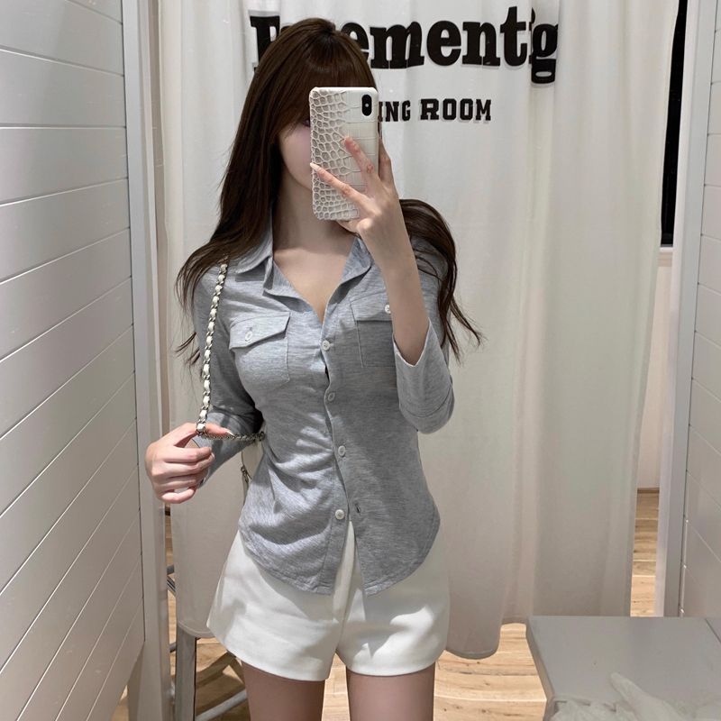 Original quality of official pictures + modal cotton figure showing polo collar long-sleeved shirt T-shirt top