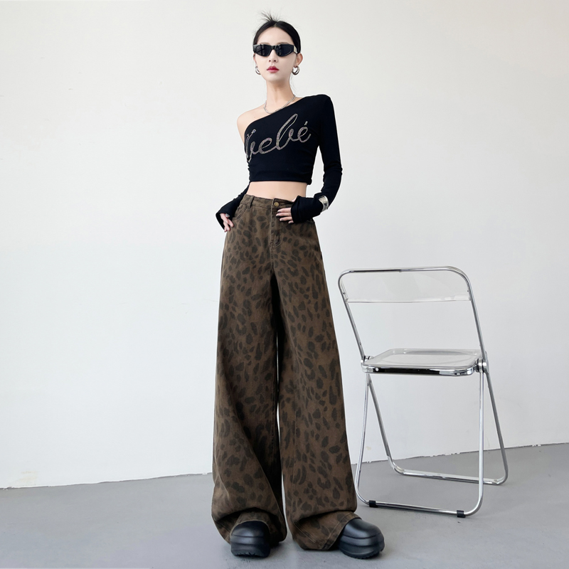 American retro washing leopard print jeans women's loose slim floor pants casual pants long trousers long trousers extended