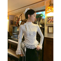 Korean cotton white polka dot thigh neck T-shirt for women with spring bow bottoming shirt lace inner short top