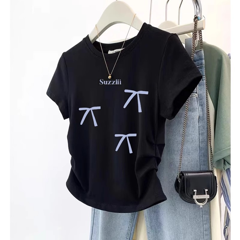 Pure cotton high elastic pleated waist small flying sleeve short sleeve T-shirt for women in summer new slim T-shirt top