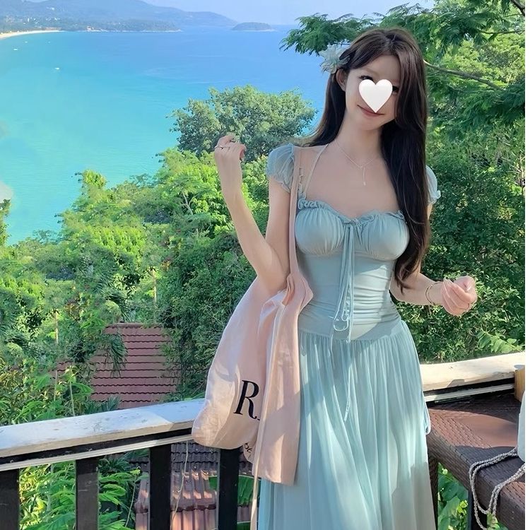 Vacation style slim outfit temperament waist-hugging long skirt mesh design French gentle square collar mint dress