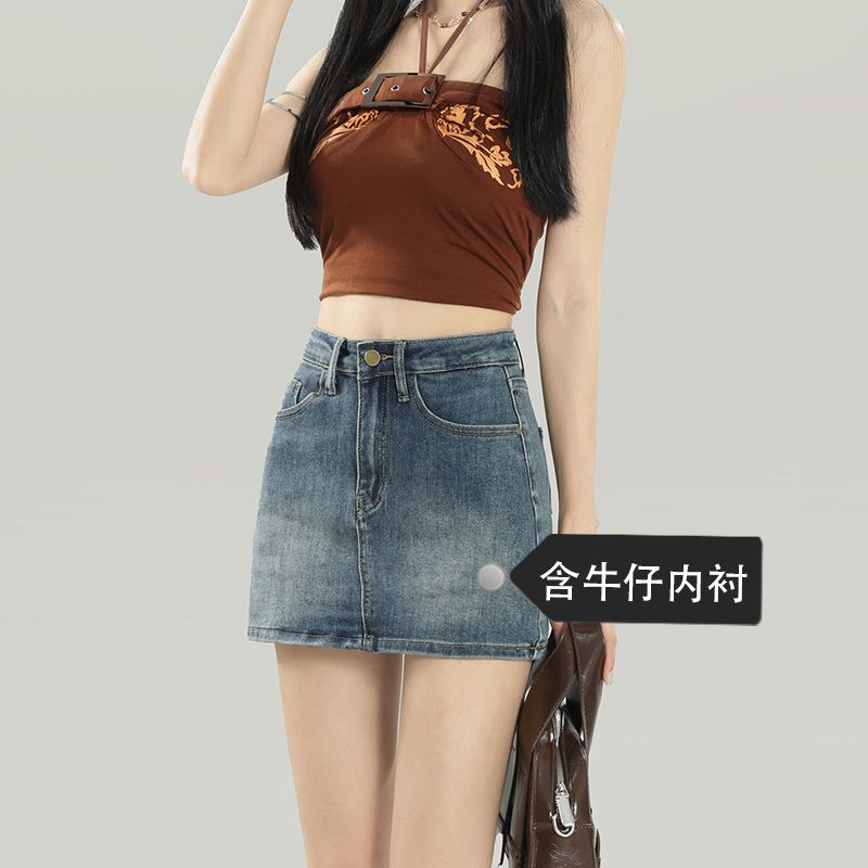 Hot girls' personalized street ins denim short skirt for women in spring and summer new high-waist anti-exposure hip-covered skirt A-line denim skirt