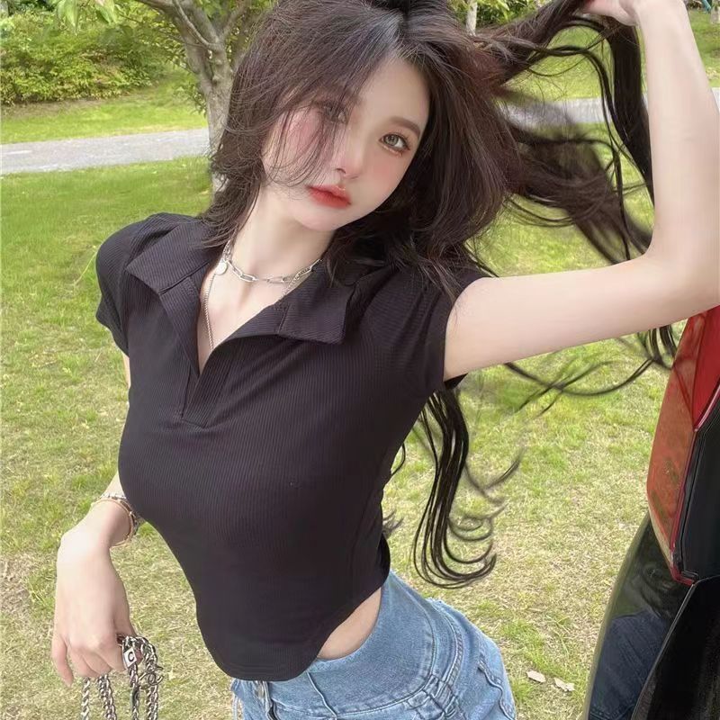外貿原版新款純棉螺紋  POLO領短袖T恤女夏季辣妹短款上衣