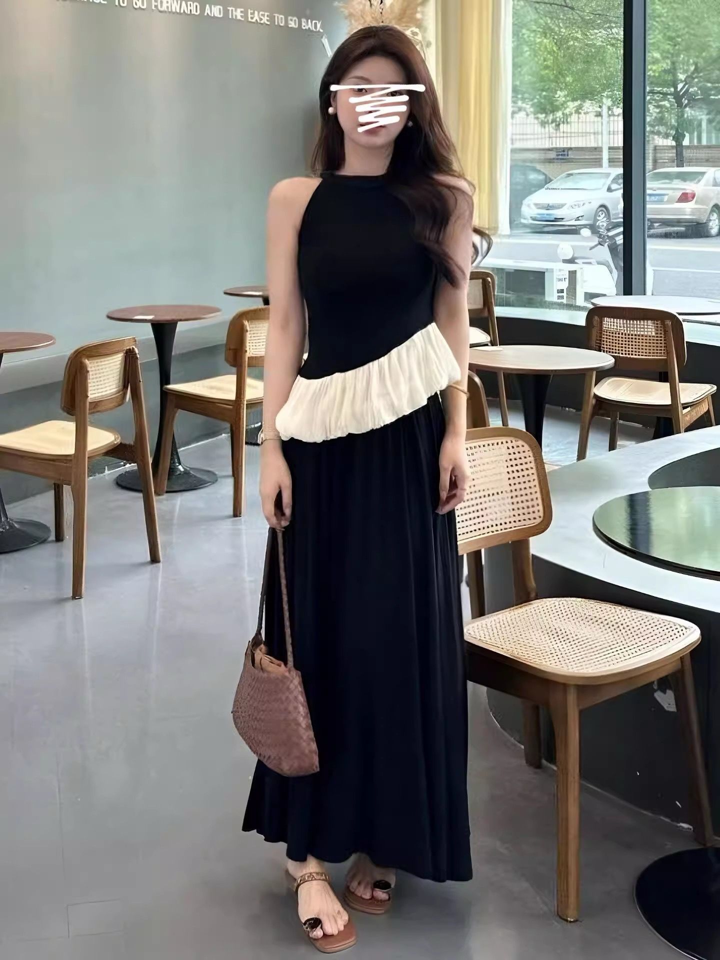 Irregular oblique ruffle edge splicing suspender dress for women in summer design and beautiful vest long skirt