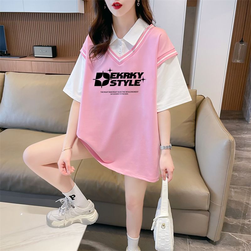 實拍 polo領假兩件T恤大碼女裝新款夏季洋氣減齡寬鬆短袖上衣潮