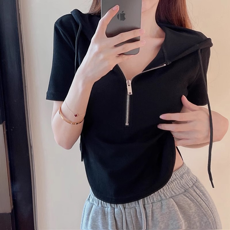 Official photo: Pure polyester and new ammonia cotton, summer hooded drawstring short-sleeved T-shirt for women, pure color