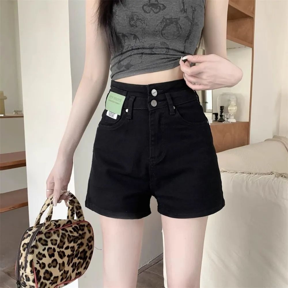 Hot girl high waist denim shorts for women covering belly and making her look slim and loose small A-line wide-leg hot pants for women