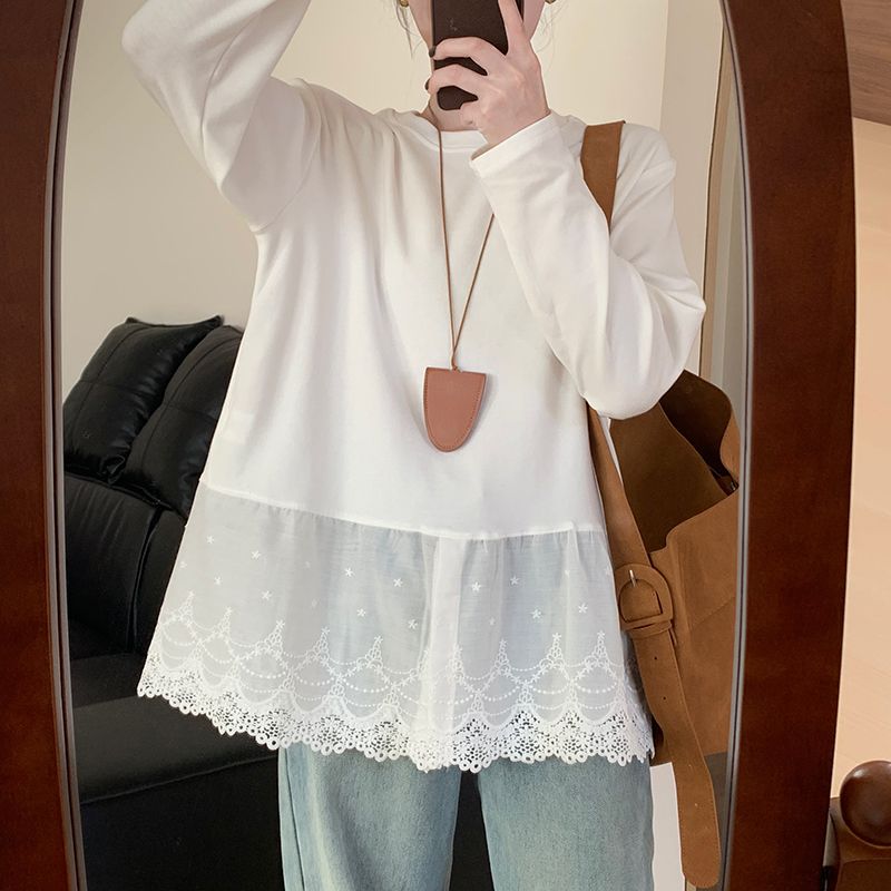 Spliced ​​loose lace white T-shirt for women 2025 Spring and Autumn New Korean version of versatile casual slim top underwear