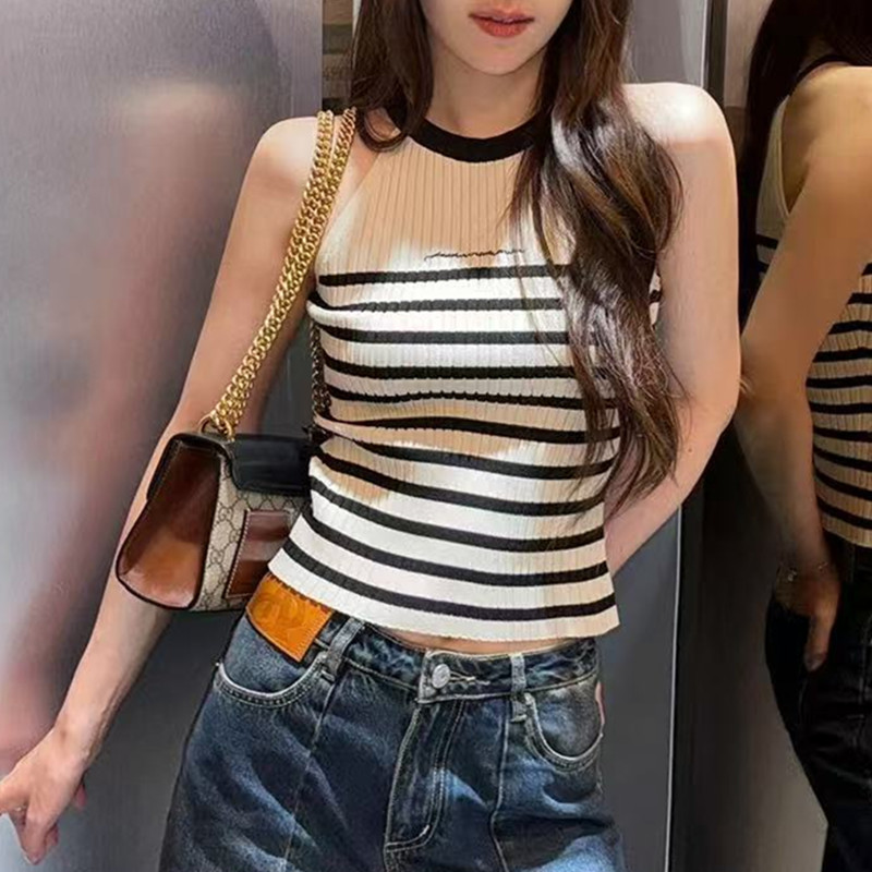 非實拍 掛脖條紋撞色針織衫背心女修身吊帶無袖冰絲短款上衣