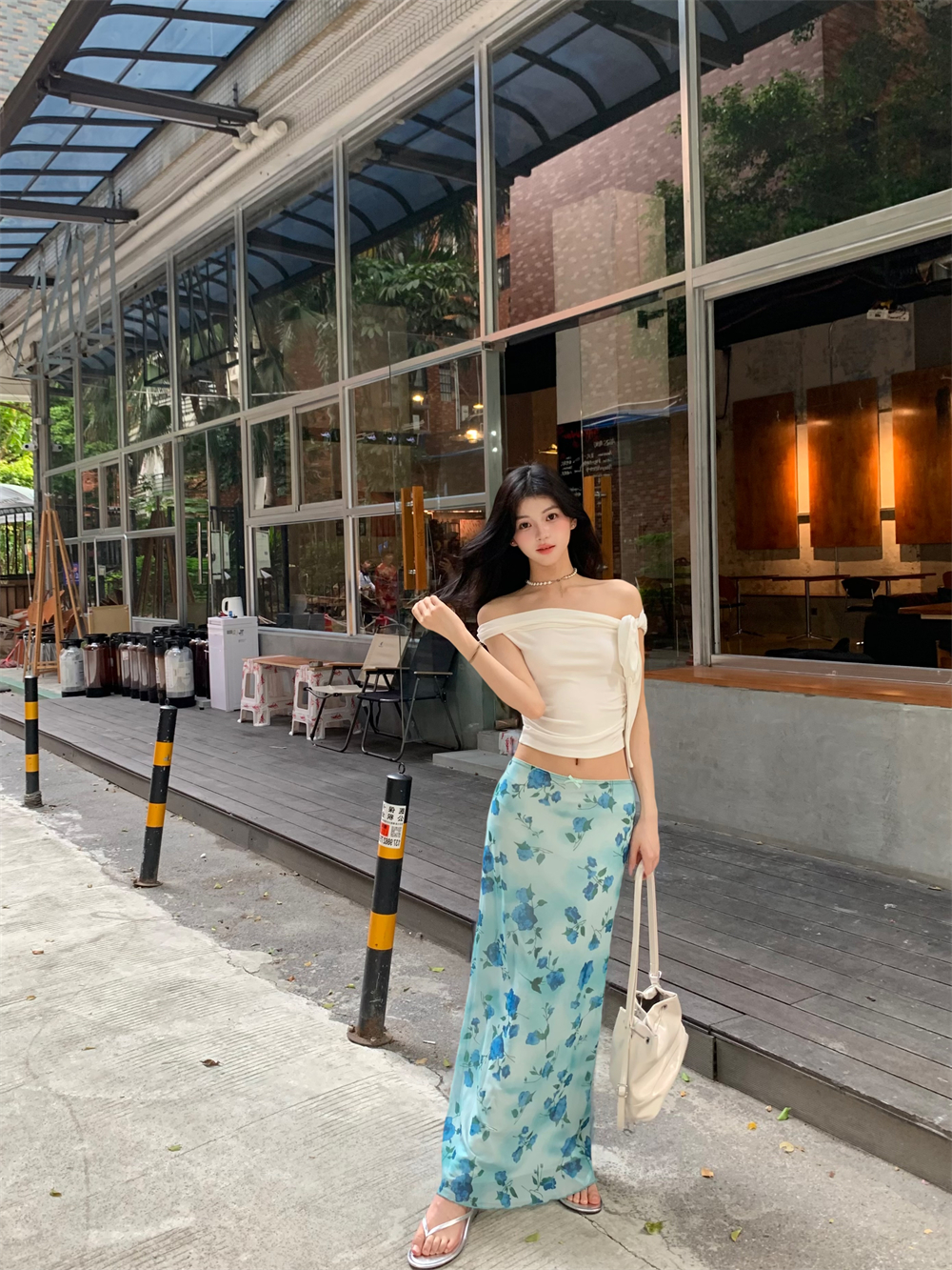 Real shot~ Korean temperament knotted one-shoulder top blue aphrodisiac floral mesh skirt suit