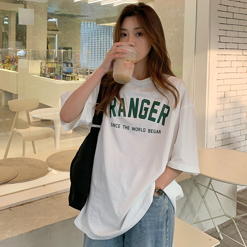 Real shot 200g pure cotton 2025 summer new letter printing short-sleeved female student mid-length T-shirt