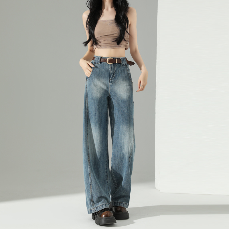 Light blue sickle jeans for women's spring new high-waist loose banana pants design floor wide-leg pants