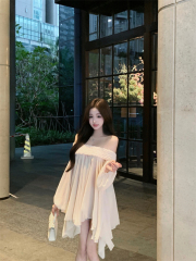 Real shot of a girlish temperament, one-shoulder spliced ​​chiffon irregular fairy top