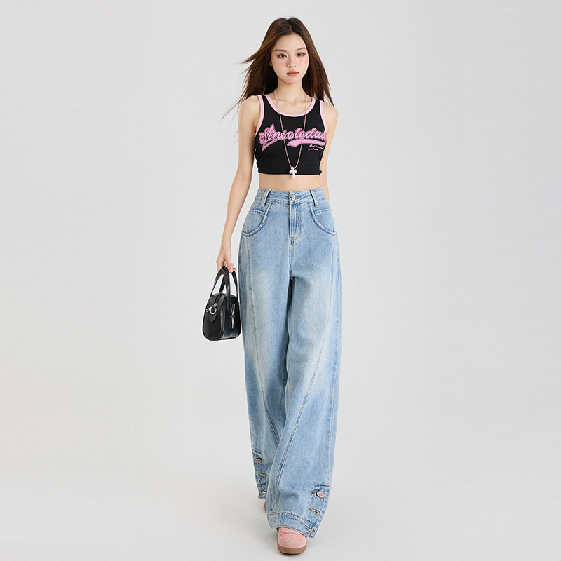 New American high-waist wide-leg pants in spring loose and slim design reverse reversal floor pants women's trousers lengthened