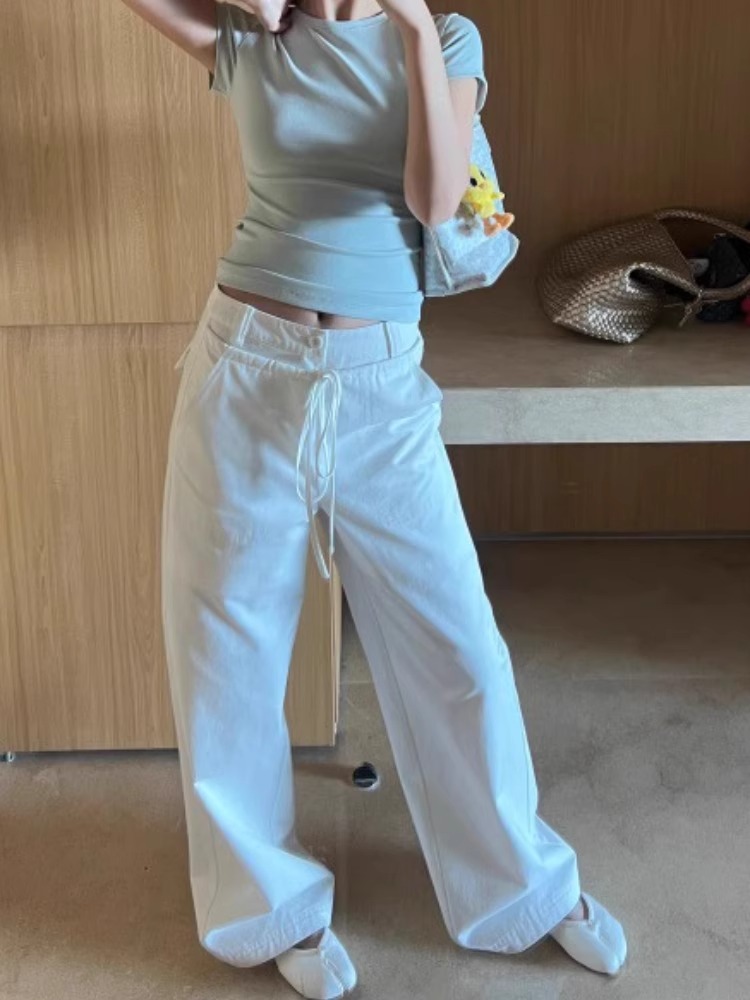 韓國chic西裝腰頭復古假門襟綁帶抽繩闊腿傘褲女夏季新款直筒褲女