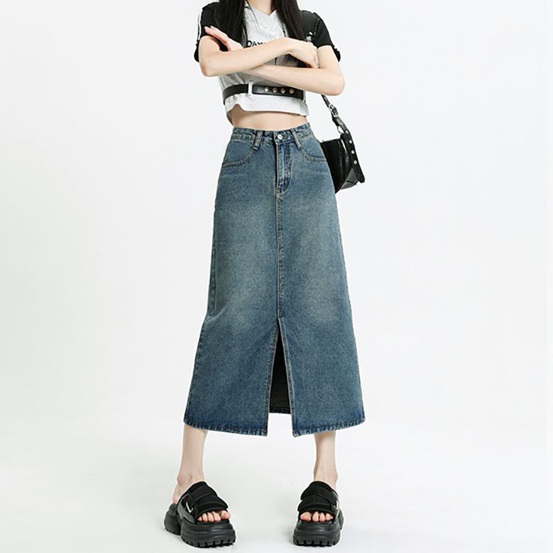 Korean version of high waist loose front slit A-line denim skirt for women in spring and summer new hip-covered mid-length half-body denim skirt
