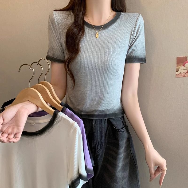 實拍92%人棉8%氨綸 後包領260克 夏季新款漸變色短袖T恤女
