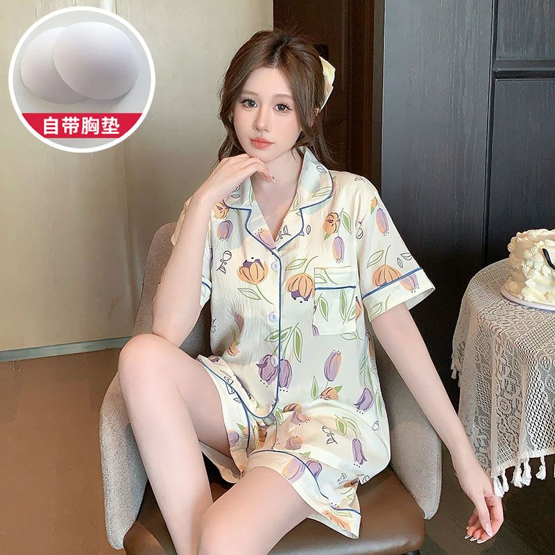 Summer cloud cotton with chest pad plus fat plus size lapel cardigan short pajamas women's suit