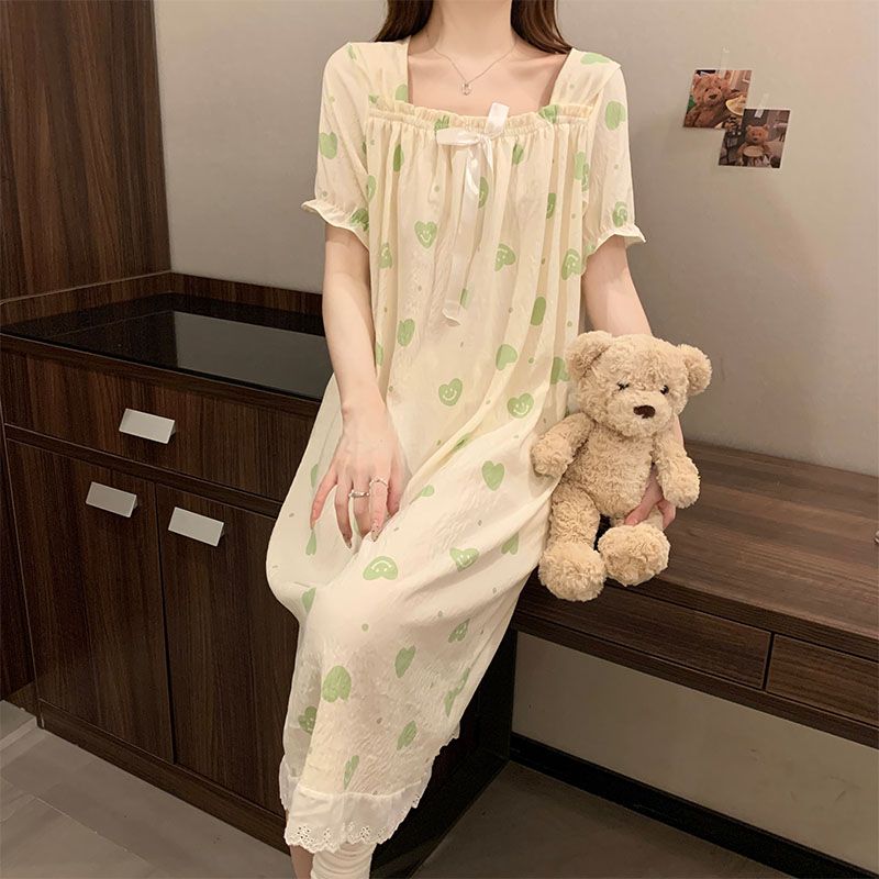Summer cloud cotton lace lace one-shoulder short-sleeved women's nightgown loose home clothes wear outside