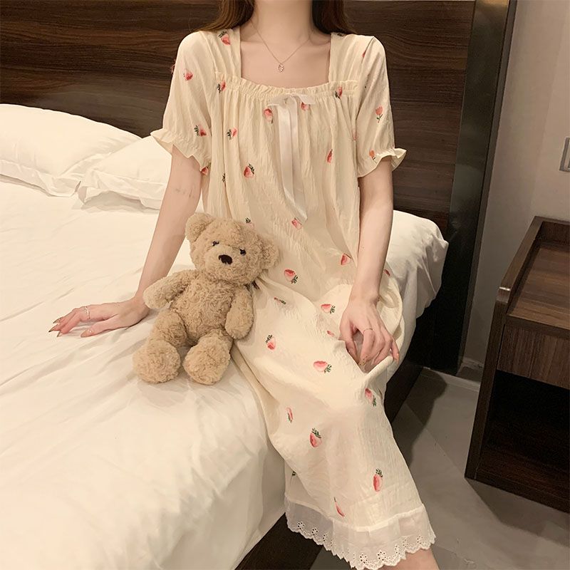 Summer cloud cotton lace lace one-shoulder short-sleeved women's nightgown loose home clothes wear outside