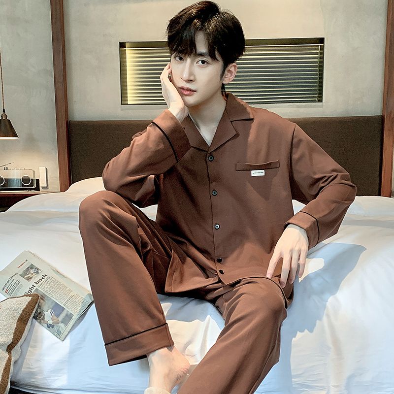 Spring and Autumn Pure Cotton Men's Lapel Cardigan Long Sleeve Pajamas Men's Set Casual Home Clothing