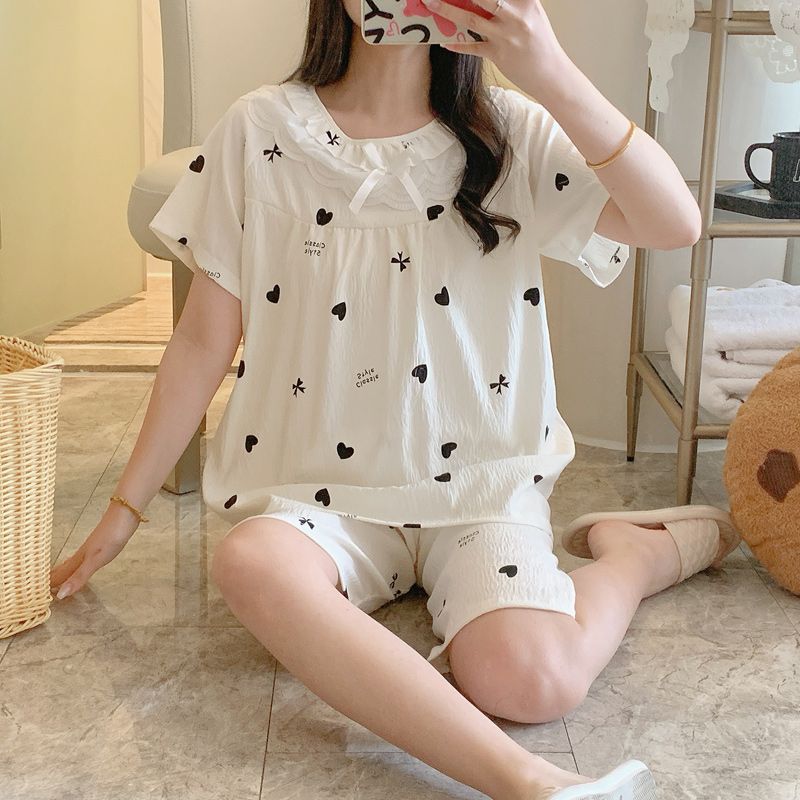 Summer cloud cotton edge square collar one-shoulder short-sleeved pajamas women's suit casual home clothes