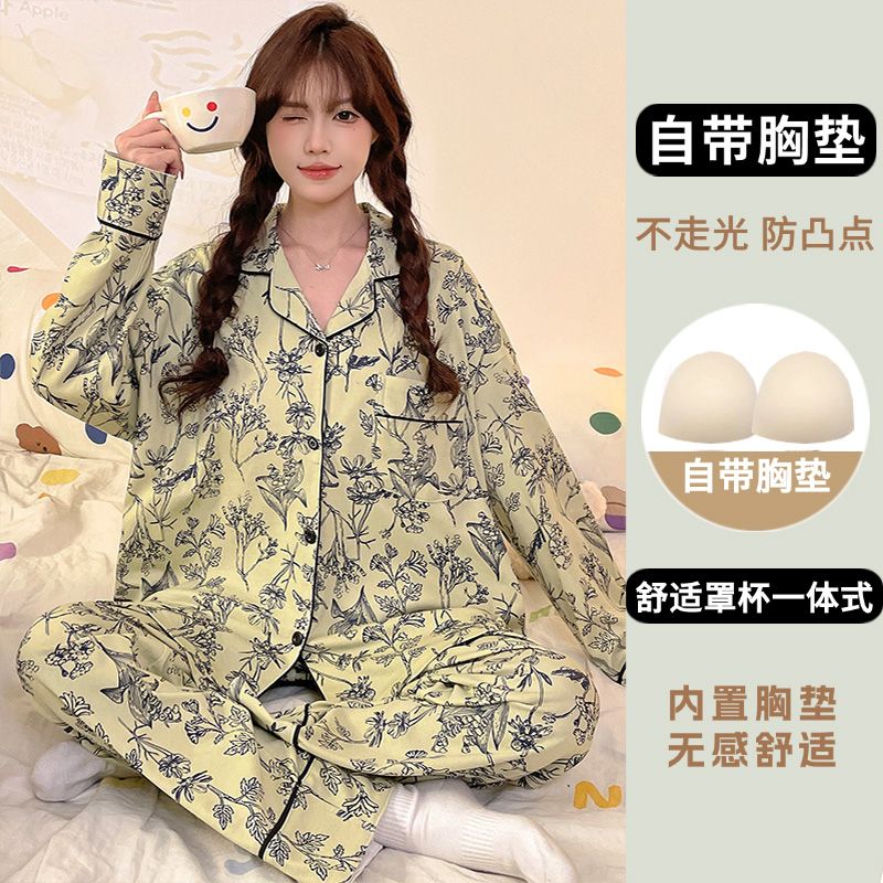 Spring imitation cotton with chest pad lapel cardigan long-sleeved pajamas women's suit home clothes